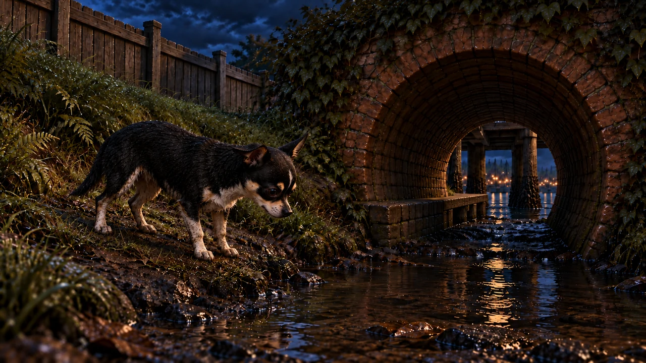 Still wet from the storm, Ella peers into a brick tunnel. Tiny harbor lights glow on the other side.